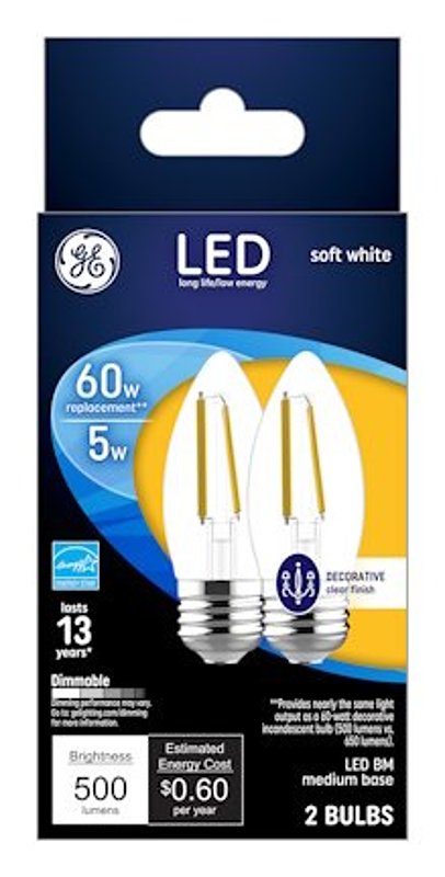 GE Lighting 23336 5W Clear Blunt Bulb (2 Pack), 23 Piece