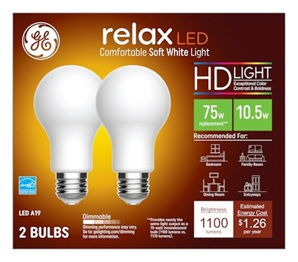 GE Relax HD LED 75 Watt Replacement, Soft White, A19 General Purpose Bulbs (2 Pack) 93129420