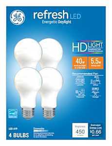 GE 93129429 LED HD Refresh Daylight Light Bulbs, A19 Medium Base, 5.5 Watt, 4-Pk. - Quantity 1