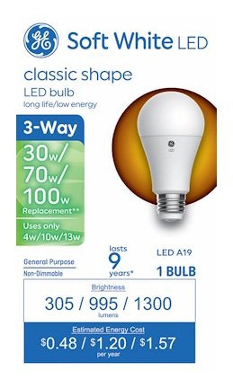 Ge LED 3-Way Light Bulb, A19 Medium Base, Soft White, 3/9/13 Watt - Quantity 1 93131783