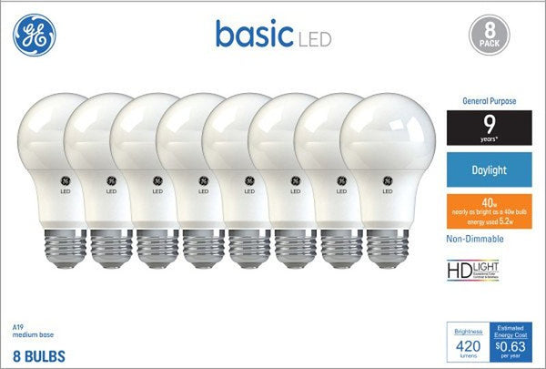 GE Lighting 37035 Light Bulb General Purpose Basic A19 Daylight LED 5.5 (40-Watt Replacement), 380-Lumen Medium Base, 8-Pack