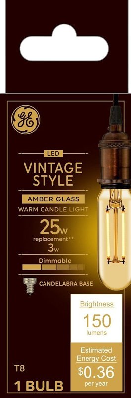 GE Vintage LED 25-Watt EQ T8 Amber Candelabra Base (e-12) Dimmable LED Tubular Candle Bulb 93129850