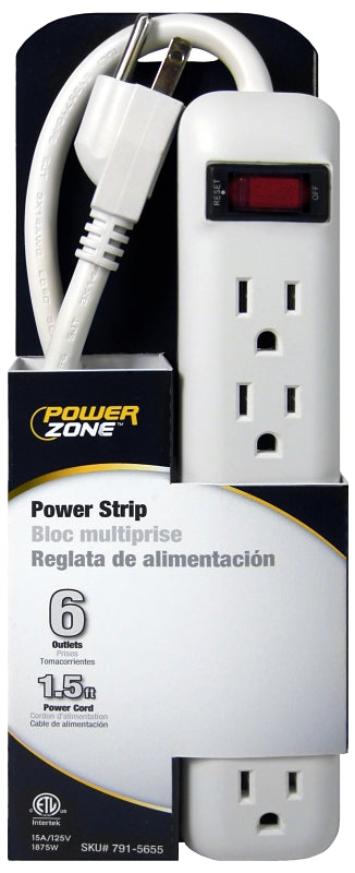 POWER ZONE OR801118 Powerzone Power Strip, 125 V, 15 A, 6 Outlet