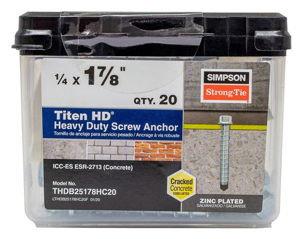 SIMPSON STRONG-TIE CO THDB25178HC20 Titen HD Heavy-Duty Screw Anchor, 1/4 in Dia, 1-7/8 in L, Carbon Steel, Zinc Plated Silver - pack of 20