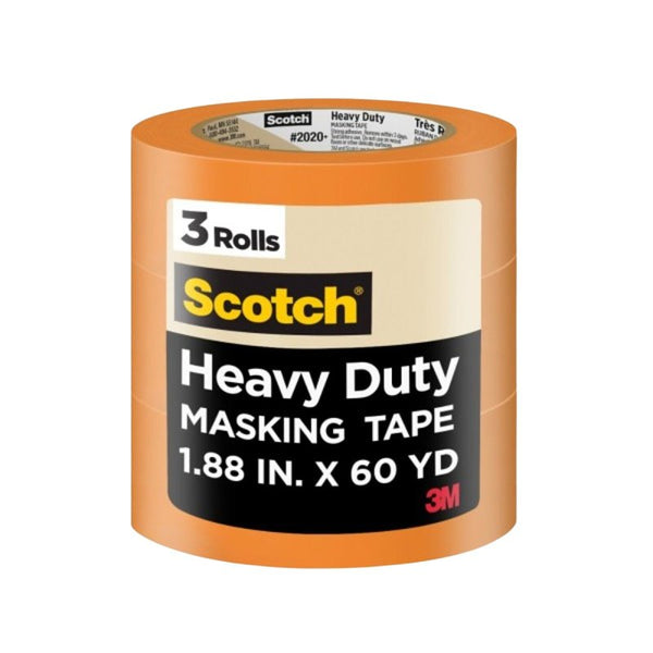 Scotch Heavy Duty Painter's Tape, 3 Rolls, 1.88 in x 60.1 yd, for Use On Vinyl, Carpet, Metal, & Plastic, Indoor & Outdoor Masking Tape, Bonds Aggressively, 3-Day Clean Removal (2020+-48EP3)