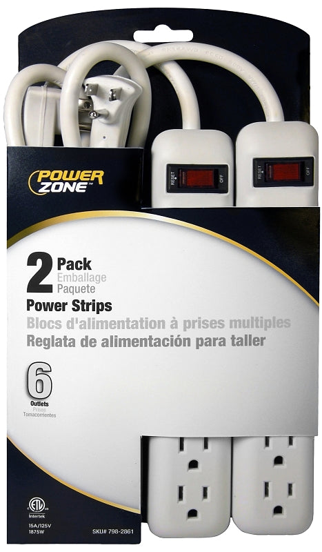 POWER ZONE OR7000X2 Powerzone Power Strip, 125 V, 15 A, 6 Outlet, White