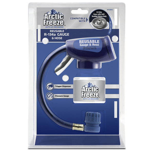 InterDynamics Arctic Freeze Car Air Conditioner Refrigerant Gauge and Hose, Reusable AC Recharge Kit Compatible with R-134A Cans with Self Sealing Valves, InterDynamics AFGBM3-6