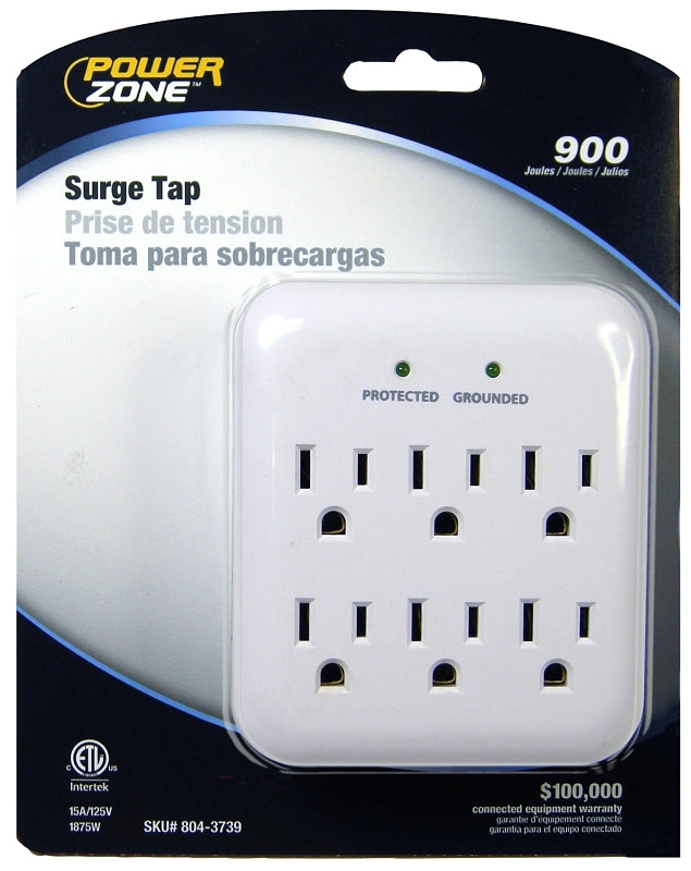 POWER ZONE OR802115 Powerzone Surge Protector Tap, 125 V, 15 A, 6 Outlet, White