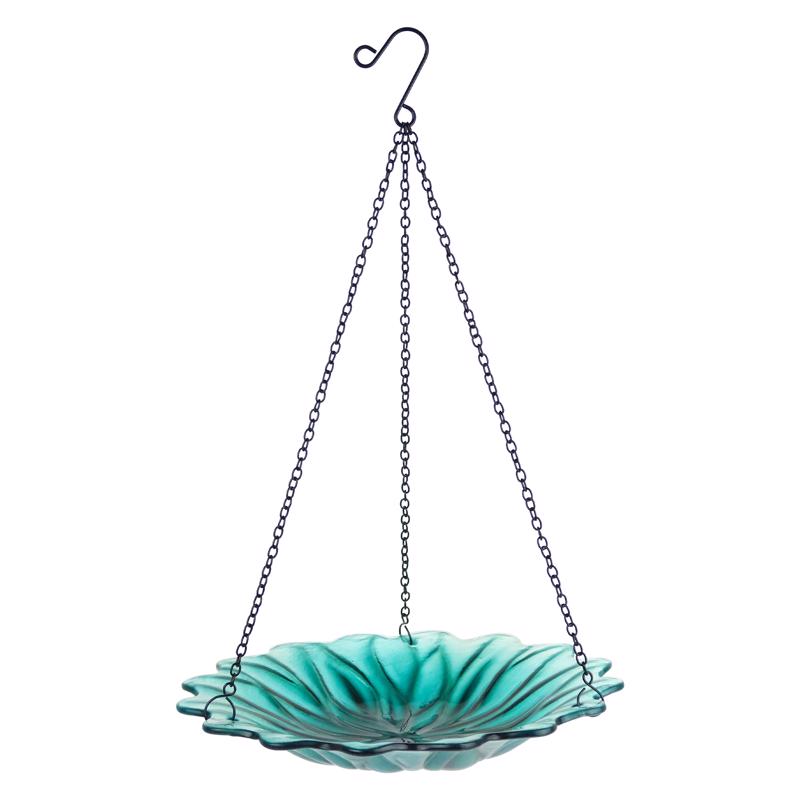 EcoCycle 11" Recycled Glass Hanging Combination Bird Feeder and Bath for Wild Birds and Outdoor Décor, 0.625 Quart Capacity, Turquoise Dahlia Floral Design, Hanging Chains Included
