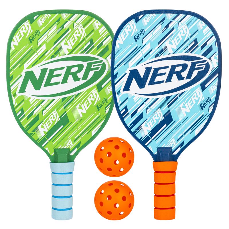 NERF 2 Player Pickleball Paddle Set - Youth Pickleball Equipment Set - (2) Wooden Paddles with Foam Grips + (2) Outdoor Balls for Kids - Carry Bag Included