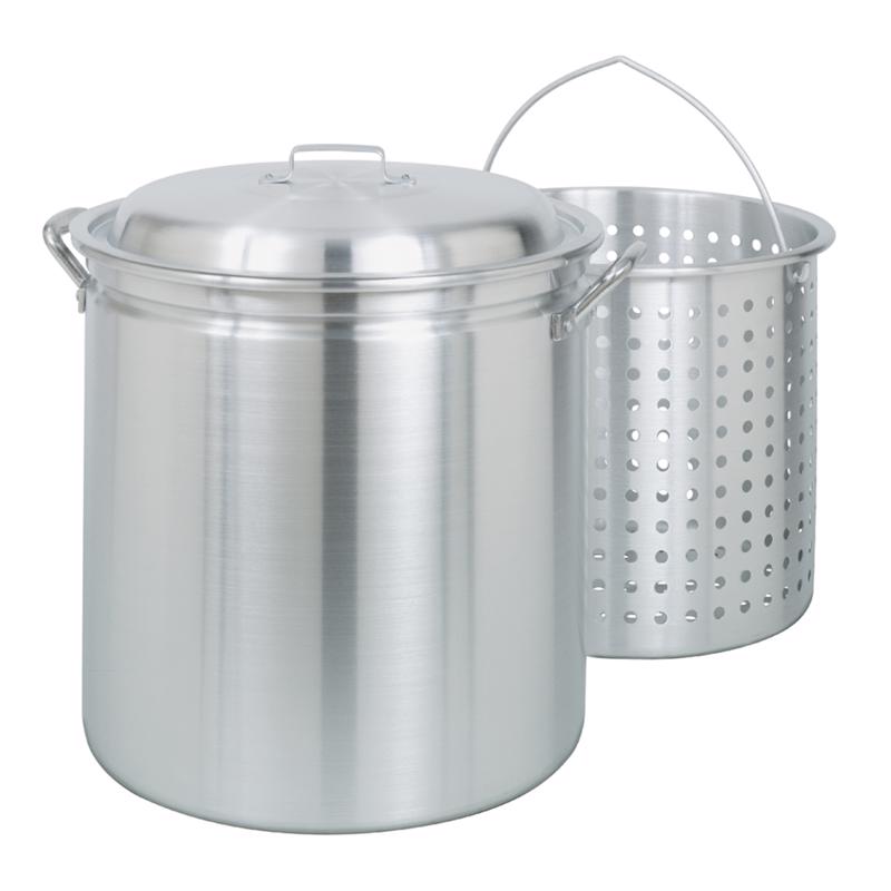 Bayou Classic 4034 34-qt Aluminum Stockpot w/ Basket Features Domed Vented Lid Heavy Riveted Handles Perforated Aluminum Basket Perfect For Boiling Steaming and Canning Handcrafted Desig