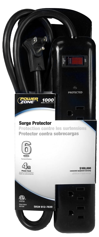 POWER ZONE OR802225 Powerzone Surge Protector Tap Strip, 125 V, 15 A, 6 Outlet, Black