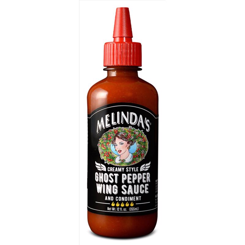 Melinda’s Ghost Pepper Wing Sauce - 12 Oz, 1 Pack - Gourmet Spicy Hot Sauce - Made with Fresh Ingredients, Ghost Peppers (Bhut Jolokia), Habanero Pepper, Carrot, Garlic, Lime - Vegan, Gluten Free