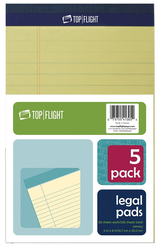 Top Flight Legal Pads, 5 x 8 Inches, 0.375 Inch Rule, Canary, 50 Sheets per Pad, 5 Pads per Pack (4513105) 4513090