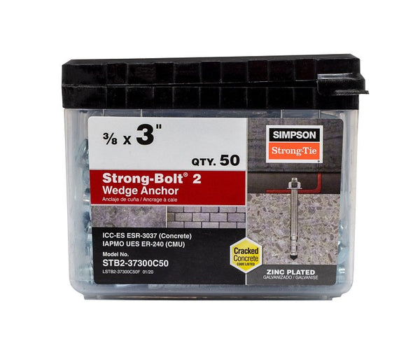 Strong-Bolt 2 Wedge Anchor, 3/8 in Dia, 3 in L, Carbon Steel, Zinc Plated STB2-37300C50