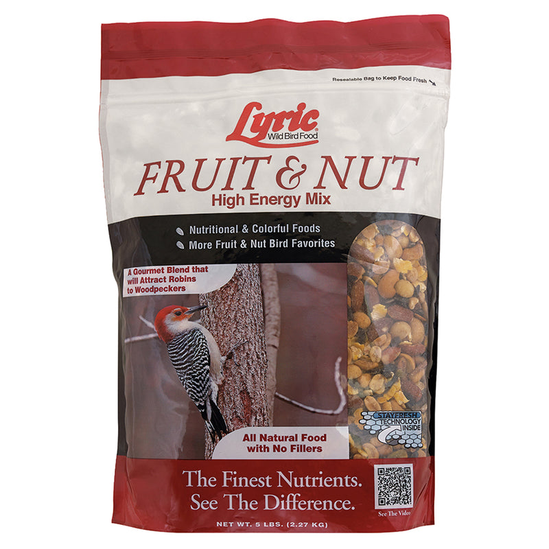 Lyric Fruit and Nut Wild Bird Seed - High Energy Wild Bird Food Mix - Attracts Woodpeckers, Chickadees & Other Songbirds - 5 lb bag