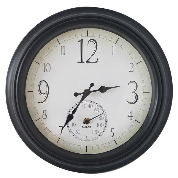 Taylor Decorative Clock/Thermometer Plastic Black 14 in. 6740