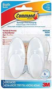 Command Medium Bath Hooks, Holds up to 3 lb, 2 Shower Hooks with 2 Command Strips, Damage Free Bathroom Organization for Robes, Towels, or Loofahs