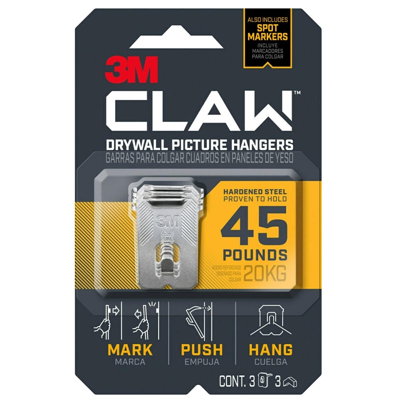 3m 3PH45M-3ES Claw Drywall Picture Hanger, Holds 45 Lbs, 3 Hooks and 3 Spot Markers, Stainless Steel,Silver
