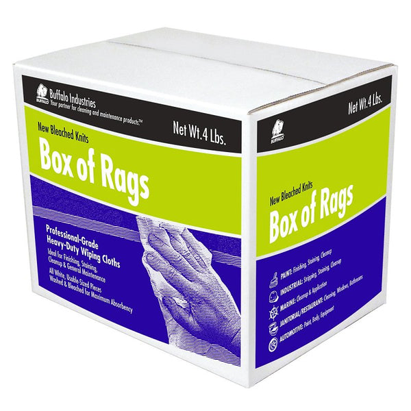 Buffalo Industries (12020) New White Bleached Knit Rags, 4 lb. box - All-Purpose Wiping, Cleaning, Polishing, Medium-Weight T-shirt Material, Washed and Bleached for Super Absorbency and Low-Linting