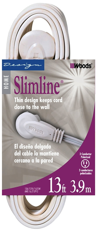 Woods Slimline 2232 Angled Flat Plug Extension Cord, Space Saving Flat Design, 3 Grounded Outlets, 13-Foot, 13 Amps, 1625 Watts, 125 Volts, UL Listed, White Color