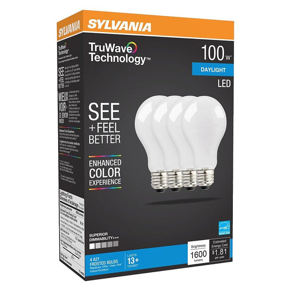 Ledvance Sylvania LED TruWave Natural Series A19 Light Bulb, 100W Equivalent, Efficient 15W, 1600 Lumens, Medium Base, Dimmable, Frosted, 5000K, Daylight - 4 Pack (42276) 40666