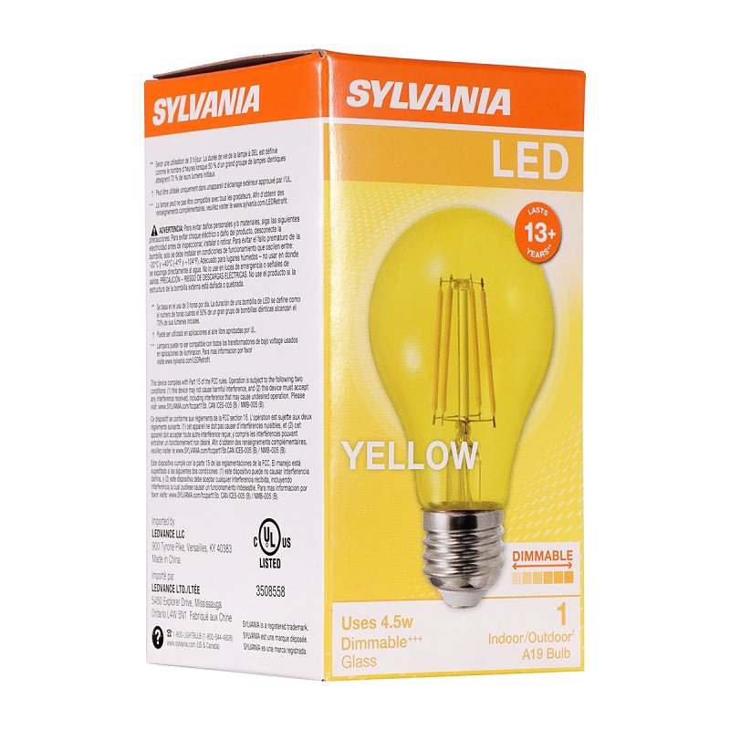 SYLVANIA LED Yellow Glass Filament A19 Light Bulb, Dimmable, Efficient 4.5W, E26 Medium Base, 1 pack