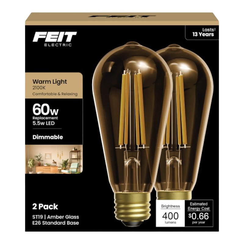 FEIT ST19 E26 Medium Filament LED Bulb Warm Amber 60 WATT Equivalence, 2PK