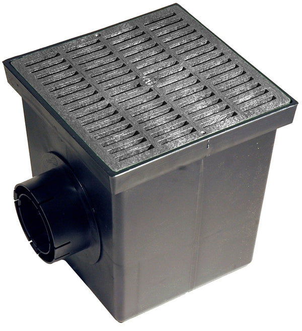 NDS Square Catch Basin Drain Kit with 2-Opening Catch Basin, Black Plastic Grate, 2 Outlet Adapters, & 1 Outlet Plug, 12 in. 1200BKITRTL