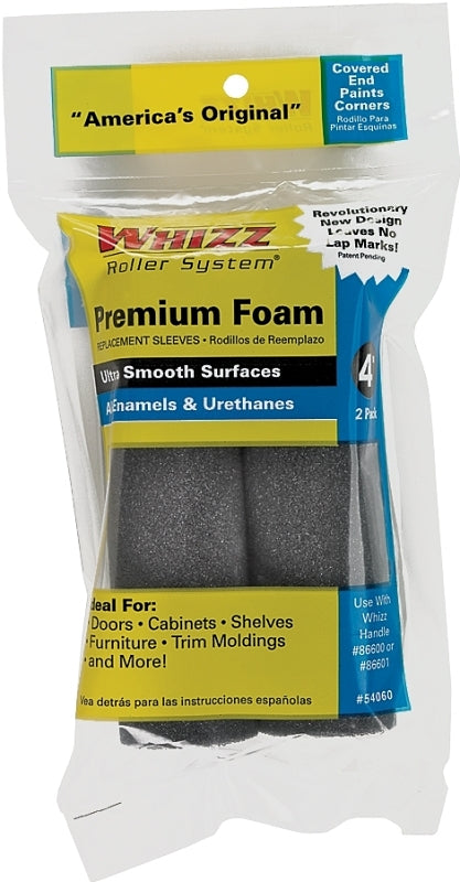 Work Tools International 4-Inch 54060 Whizz Premium Foam Paint Roller Cover, Black, 2-Pack, Color