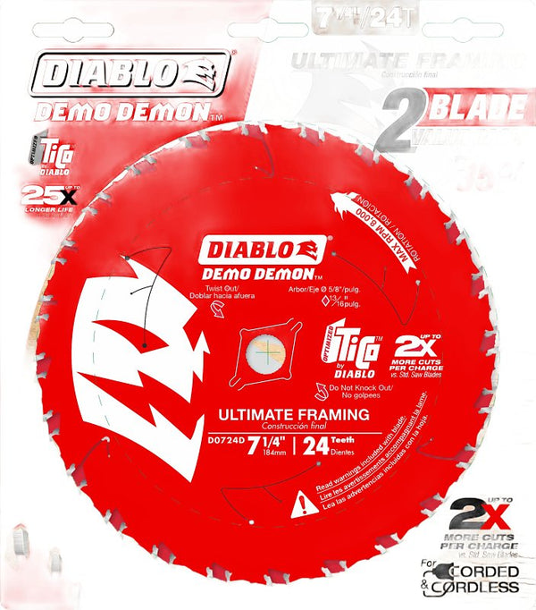 Diablo Demo Demon 7-1/4 Inch 24T Framing/Demolition Circular Saw Blade - Carbide Teeth, Perma-Shield Coating, 2-Pack - D0724DVPX