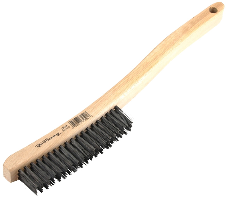 Forney 70504 Wire Scratch Brush, Carbon Steel with Curved Wood Handle, 13-3/4-Inch-by-.014-Inch