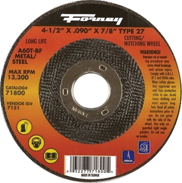 Forney 71800 Cut-Off Wheel with 7/8-Inch Arbor, Metal Type 27, A36R-BF, 4-1/2-Inch-by-0.090-Inch