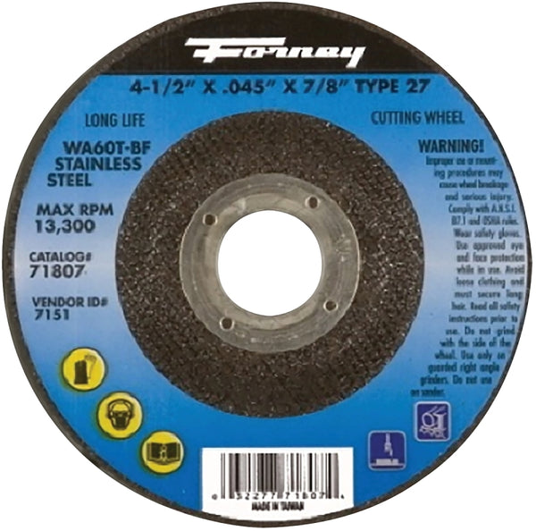 Forney 71807 Cut-Off Wheel with 7/8-Inch Arbor, Stainless Steel Type 27, A46Q-BF, 4-1/2-Inch-by-0.45-Inch