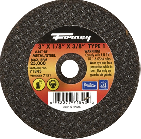 Forney 71843 Cut-Off Wheel with 3/8-Inch Arbor, Metal Type 1, A36T-BF, 3-Inch-by-1/8-Inch