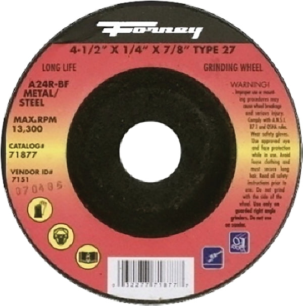 Forney 71877 Grinding Wheel with 7/8-Inch Arbor, Metal Type 27, A24R-BF, 4-1/2-Inch-by-1/4-Inch