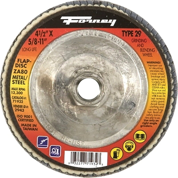 Forney 71932 Flap Disc, Type 29 Blue Zirconia with 5/8-Inch-11 Threaded Arbor, 80-Grit, 4-1/2-Inch