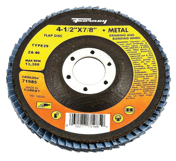 Forney 71985 Flap Disc, Type 29 Blue Zirconia with 7/8-Inch Arbor, 40-Grit, 4-1/2-Inch