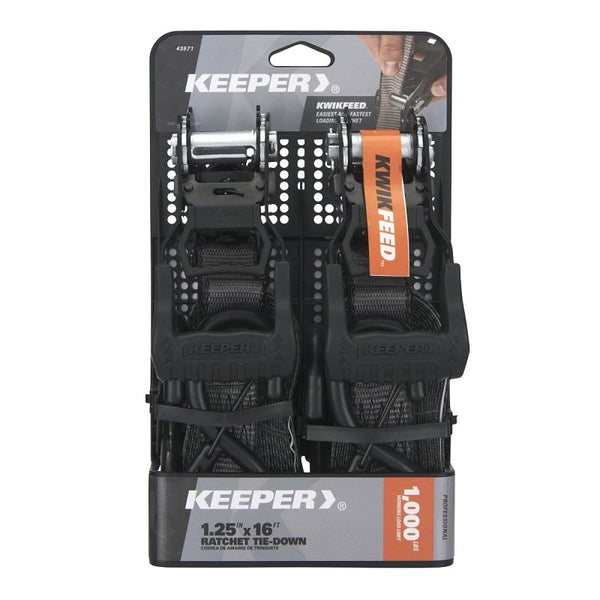 Keeper KwikFeed Ratchet Tie Down Straps 2 Pack, 1.25" x 16 ft, 1000 lb WLL / 3000 lb Break Strength, Patented Slide-in Loading, ExtremeEdge Webbing, Safety Clip Hooks, Glove-Friendly Handle 43571