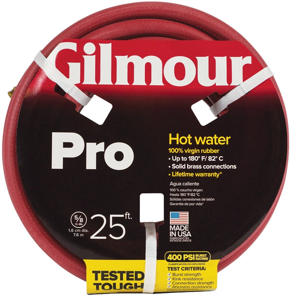Gilmour Pro Rubber Hot Water Garden Hose - 5/8" x 25', Kink-Resistant, 400 PSI, Brass Fittings, Flexible in Cold, USA Made 886251-1001/81852