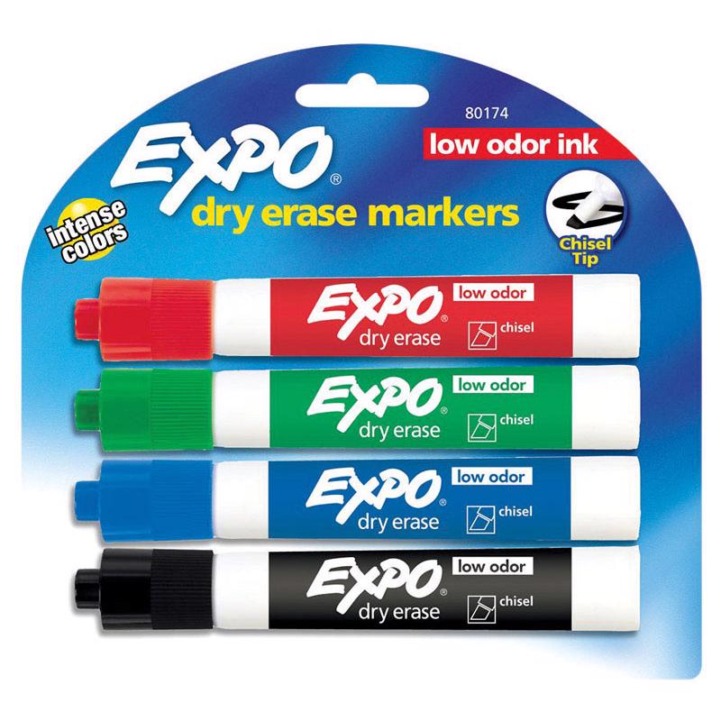 Expo 80174 Low Odor Chisel Point Dry Erase Marker Pack, Designed for Whiteboards, Glass and Most Non-Porous Surfaces, 4 Assorted Color Markers, Pack of 4 Blisters