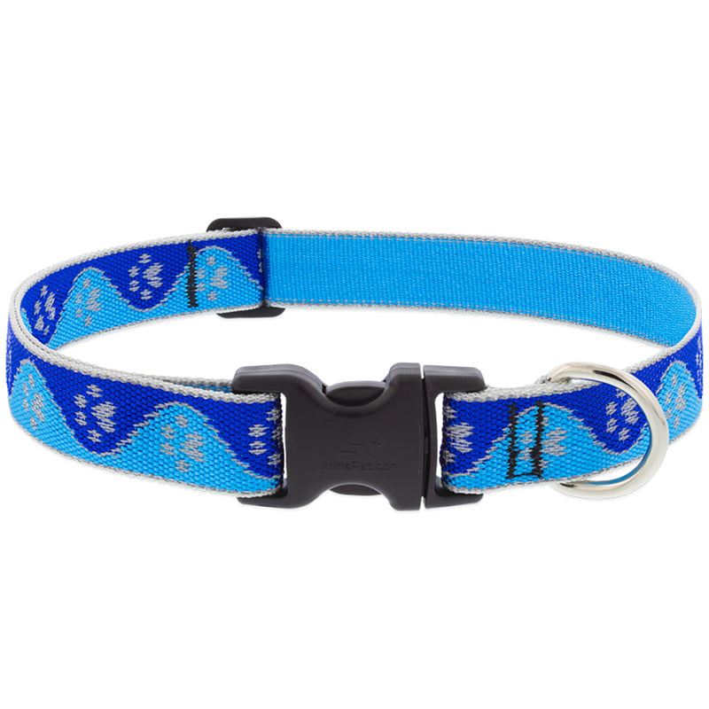 Lupine Reflective Dog Collar 1" Wide Blue Paws Adjusts from 16" to 28"