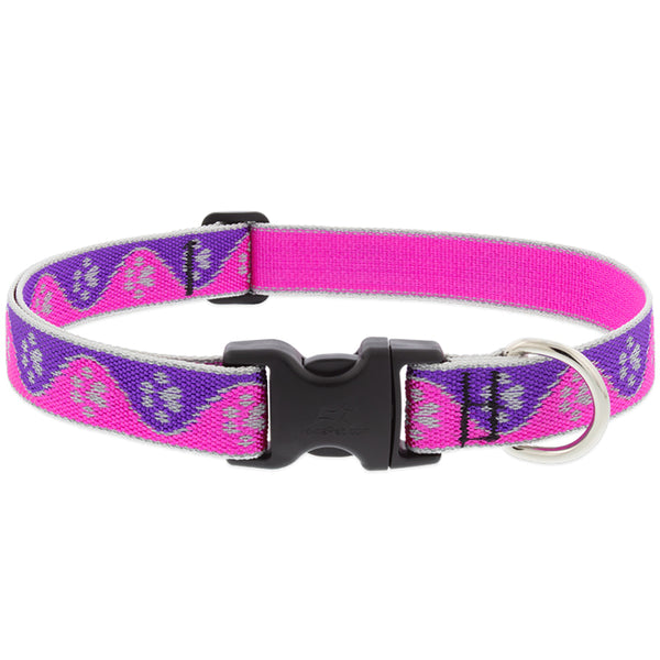 Lupine Reflective Dog Collar 1" Wide Pink Paws Adjusts from 12" to 20" 48552