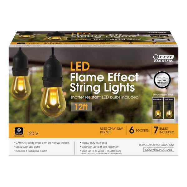 Feit Electric LED String Lights with Flame Bulbs Effect, 12ft Commercial Grade and Shatter Resistant String Lights, 6 Sockets, Linkable, 15,000-Hour Lifetime, SL12-6/FLAME, 7 Bulbs Included