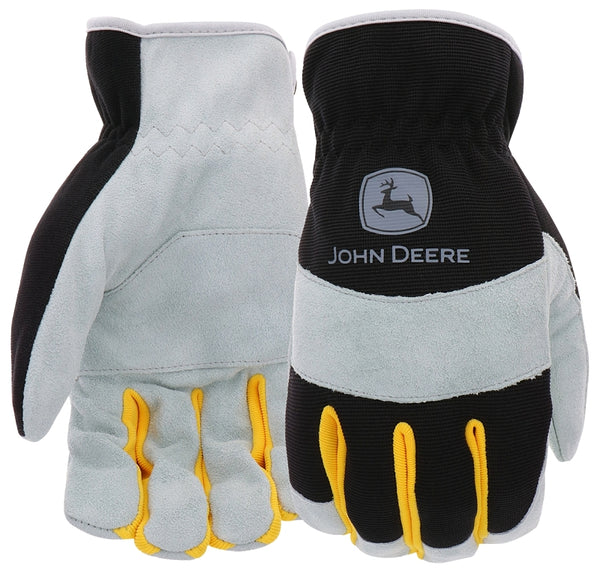 West Chester John Deere JD86020-XL Split Cowhide Palm Gloves - Yellow/Grey/Black, Large Spandex Back Gloves with Shirred Elastic Wrists