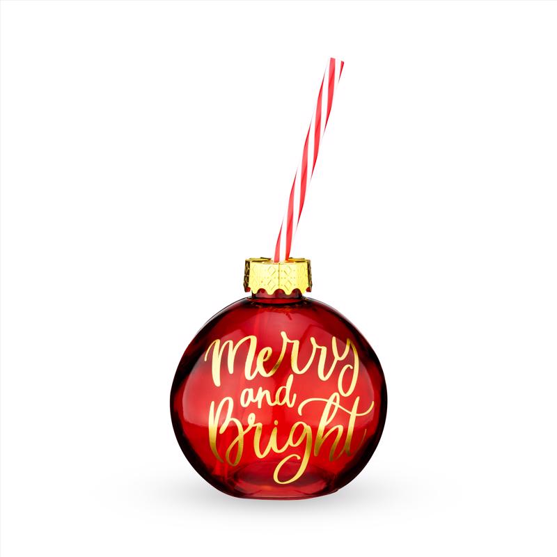 Blush Ornament Drink Cup with Straws for Christmas - 14 Ounce Vintage Style Christmas Party Decoration Wine Globe with Peppermint Stripe, Party Supplies