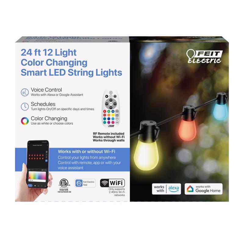 Feit Electric 24ft Smart Outdoor String Lights, 12 Socket Color Changing Works with Alexa/Google Assistant, Heavy Duty and Weather Resistant - Frosted Bulb - LVSL24-12/RGBW/AG