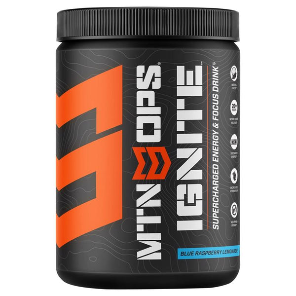 MTN OPS Ignite Energy Drink Powder, Gluten Free Nootropic Supplement Drink Mix, L Arginine, L Citrulline, Caffeine & Nootropic Sugar Free Drink Mix, 45 Servings, Blue Raspberry Lemonade 1104630145