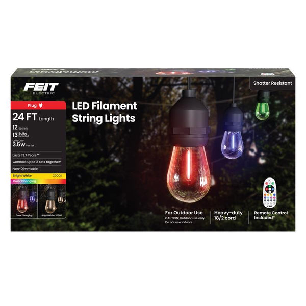 Feit Electric 24ft LED String Light, Color Changing, 3000K Bright White, 15,000-Hour Lifetime, Heavy-Duty 18/2 Cord for Outdoor Use Only, Linkable, Remote Control Included, SL24-12/RGBW/WFIL