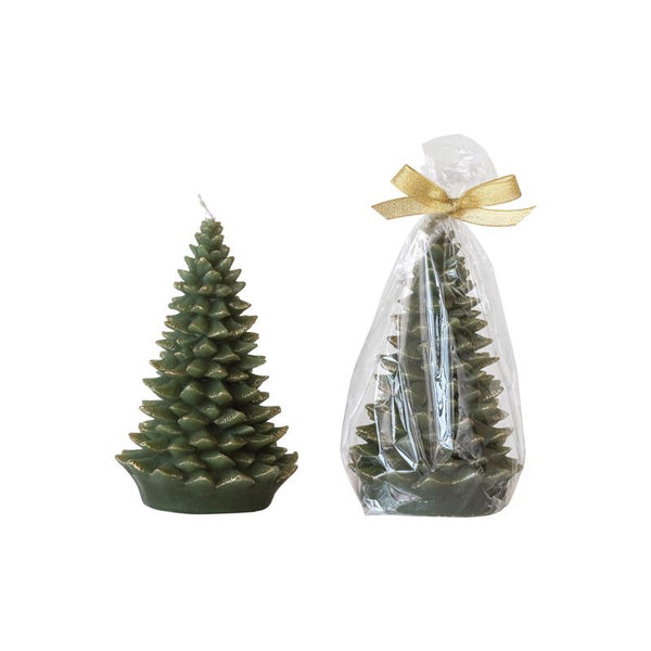 Creative Co-Op Tall Holiday Tree Shaped Candle with Gold Tips, Evergreen Color XS4591